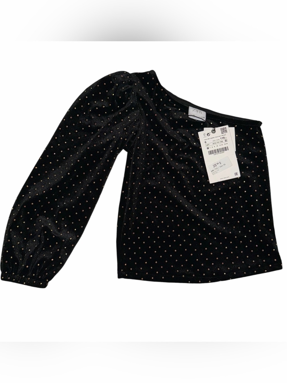 Zara Black Velvet One-Shoulder Top with Rhinestones, NWT, Size 6
